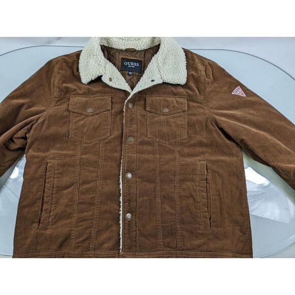Guess Mens Sz Xxl Corduroy Trucker Jacket Brown Sherpa Collar Long Sleeve Snap - Picture 9 of 11